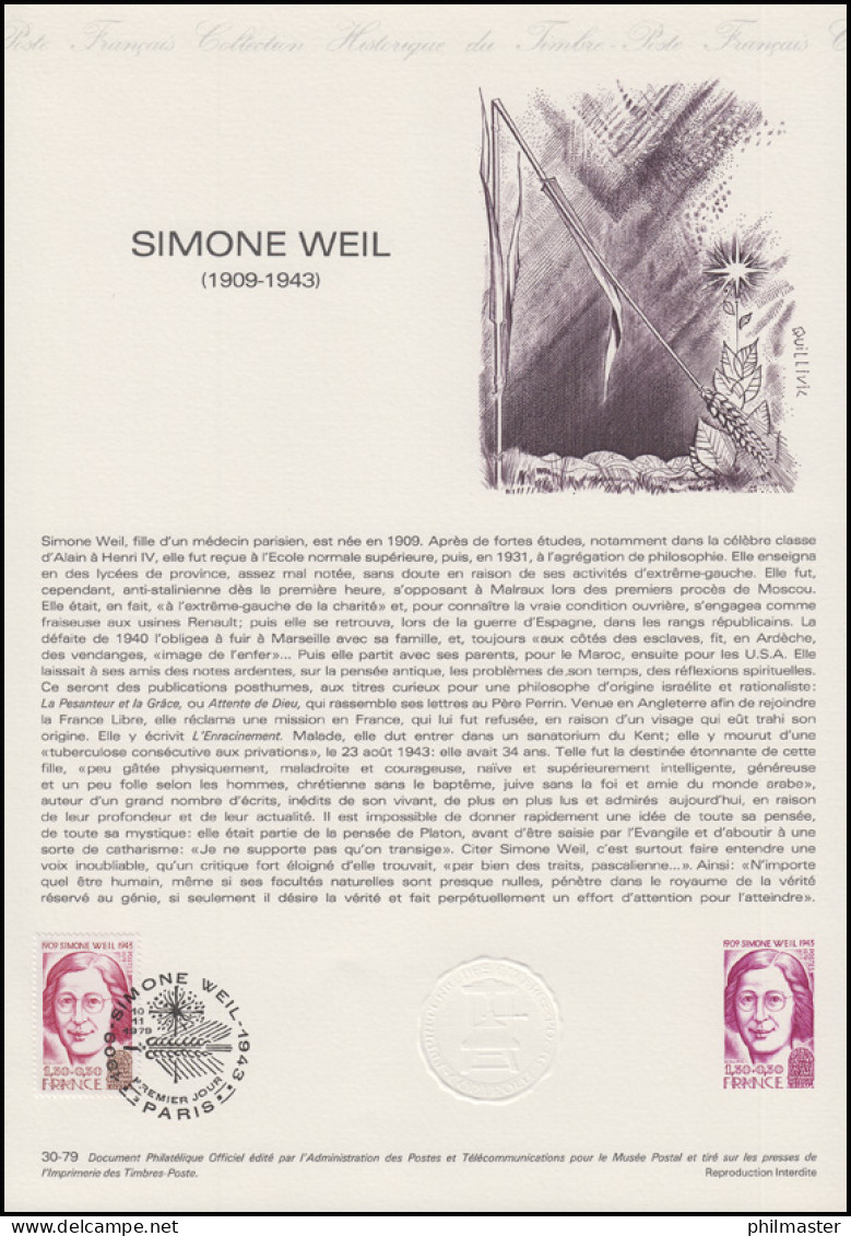 Collection Historique: Philosophin Dozentin Lehrerin Simone Weil 10.11.1979 - Beroemde Vrouwen