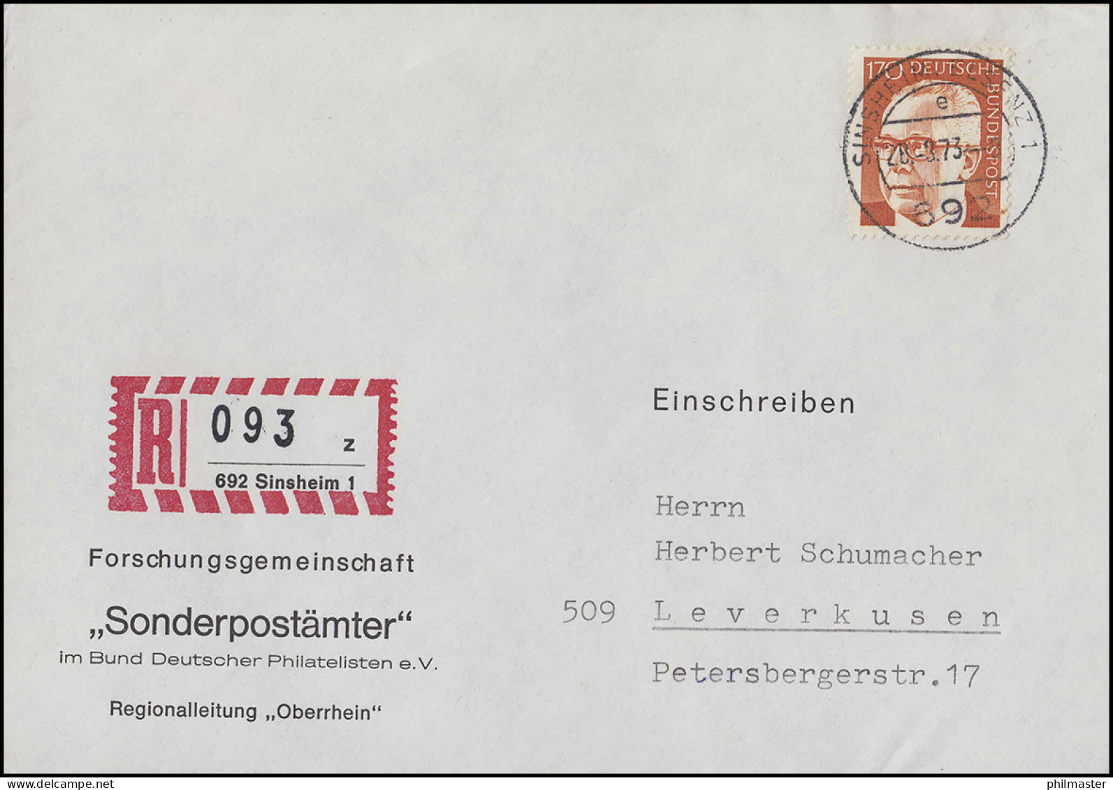731 Heinemann 170 Pf Als EF Auf Schmuck-R-Brief Sonderpostämter SINSHEIM 28.9.73 - R- Und V-Zettel