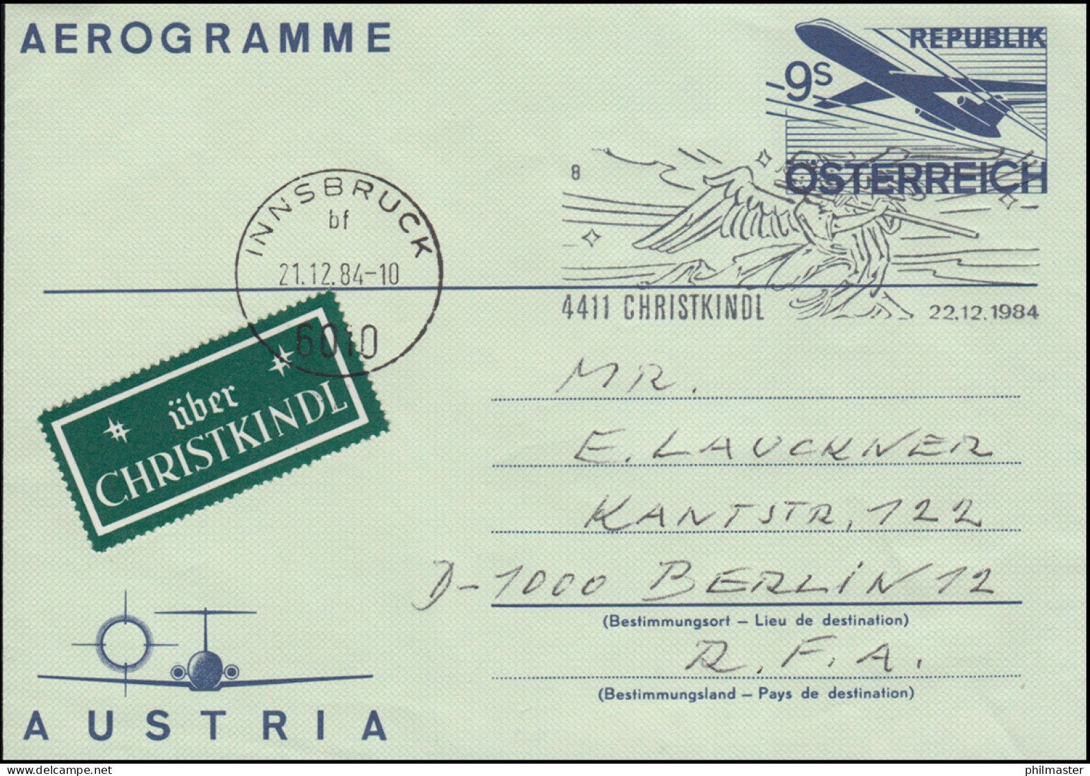 Österreich Aerogramme LF 19 Mit SSt CHRISTKINDL Engel Mit Flöte 22.12.1984 - Cristianismo