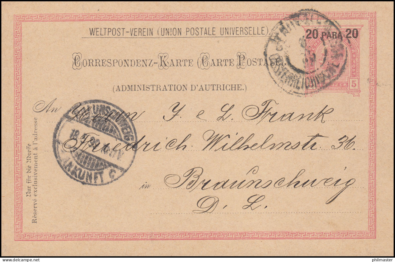 Levante Postkarte P 12a Aufdruck 20 Para Auf 5 Kreuzer, 48 Mm, JERUSALEM 1899 - Oostenrijkse Levant