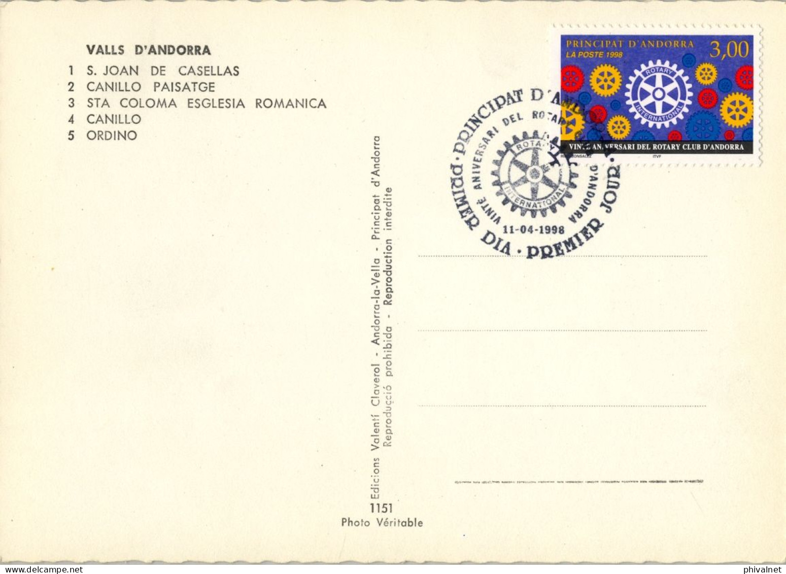 1998 , ED. 522 - ROTARY CLUB DE ANDORRA  , MAT. PRIMER DIA , FDC , ANDORRA FRANCESA - FDC