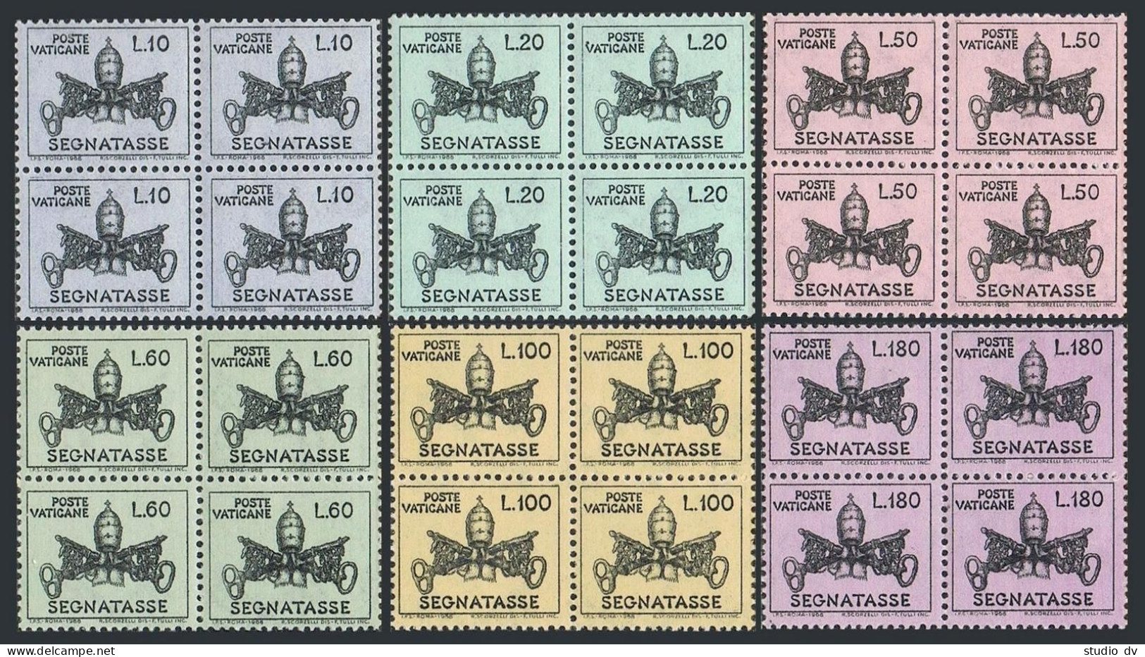 Vatican J19-J24 Blocks/4,MNH.Michel P19-P24. Due Stamps 1968.Papal Arms,Key. - Strafport