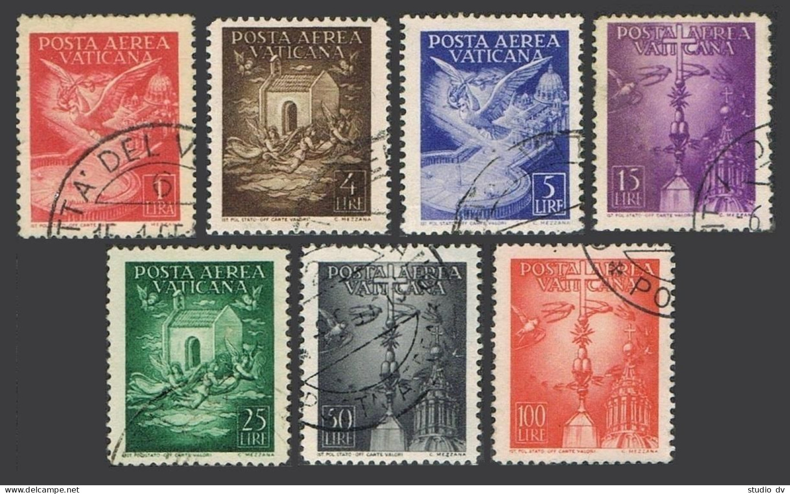 Vatican C9-C15,used.Michel 140-146. Air Post Stamps 1947.Dove Of Peace.Cross. - Luftpost