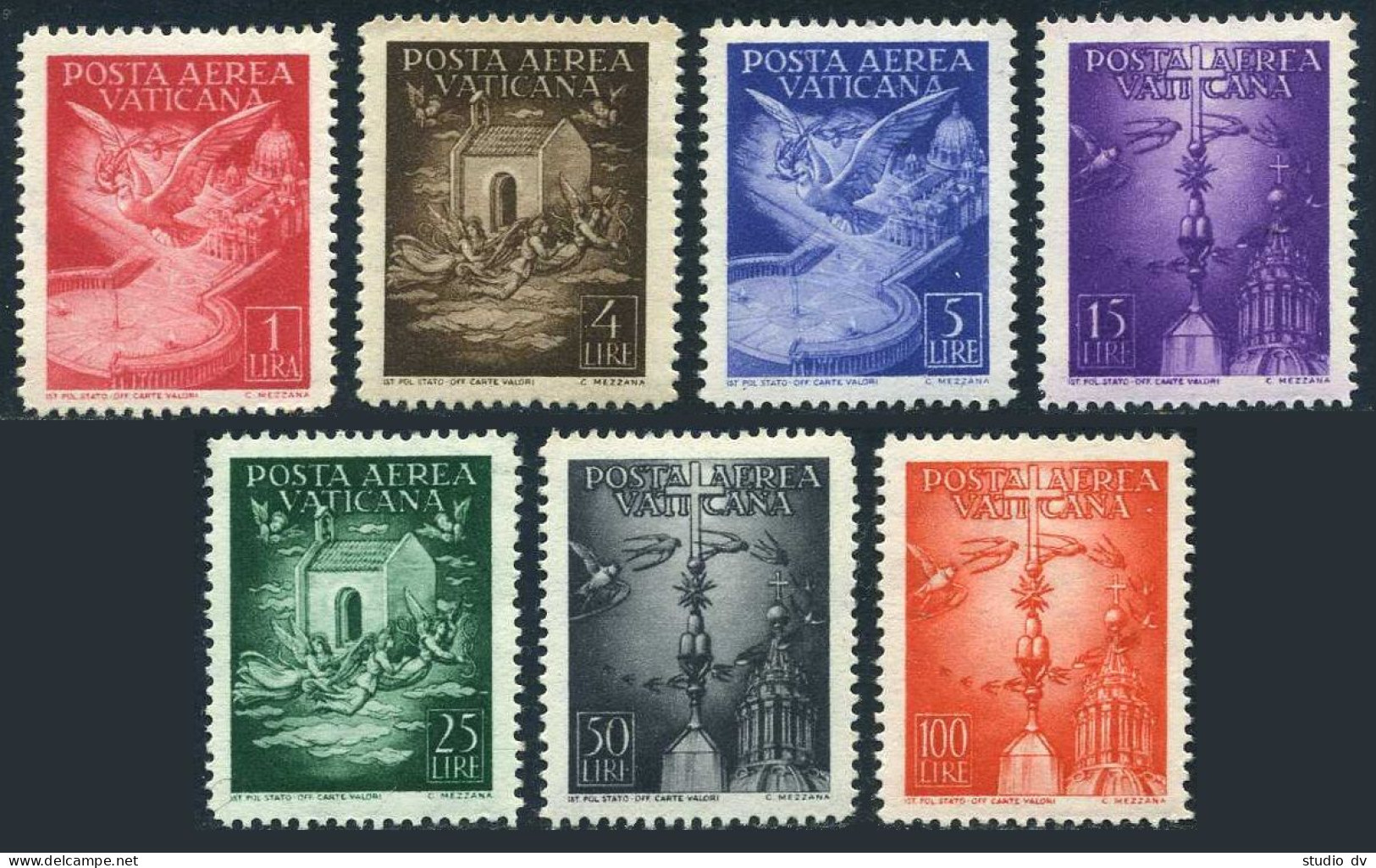 Vatican C9-C15, MNH. Michel 140-146. Air Post Stamps 1947. Dove Of Peace. Cross. - Airmail
