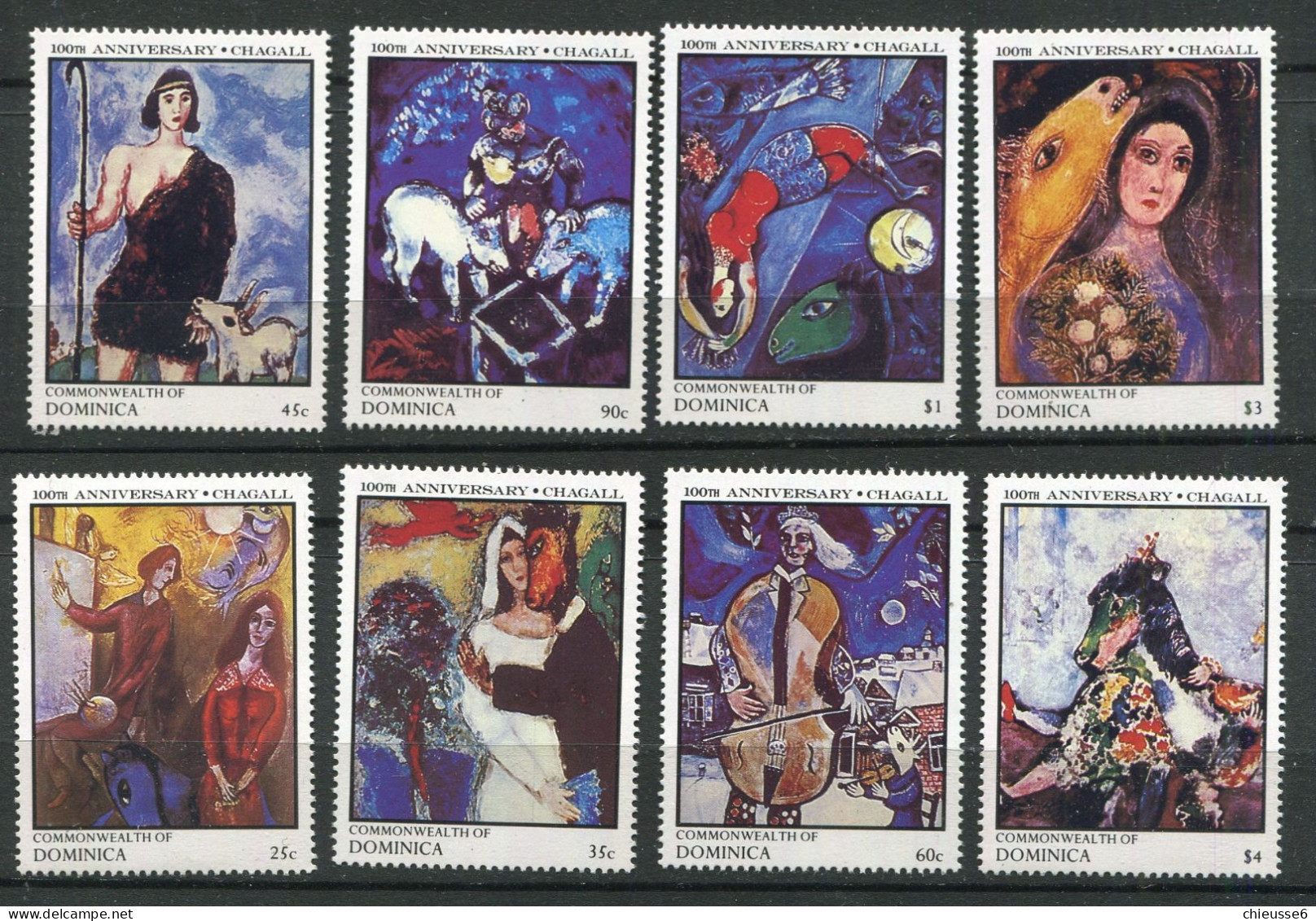 Dominique ** N° 949 à 956 - Cent. De La Naissance De Mar Chagall. Tableaux - Dominique (1978-...)