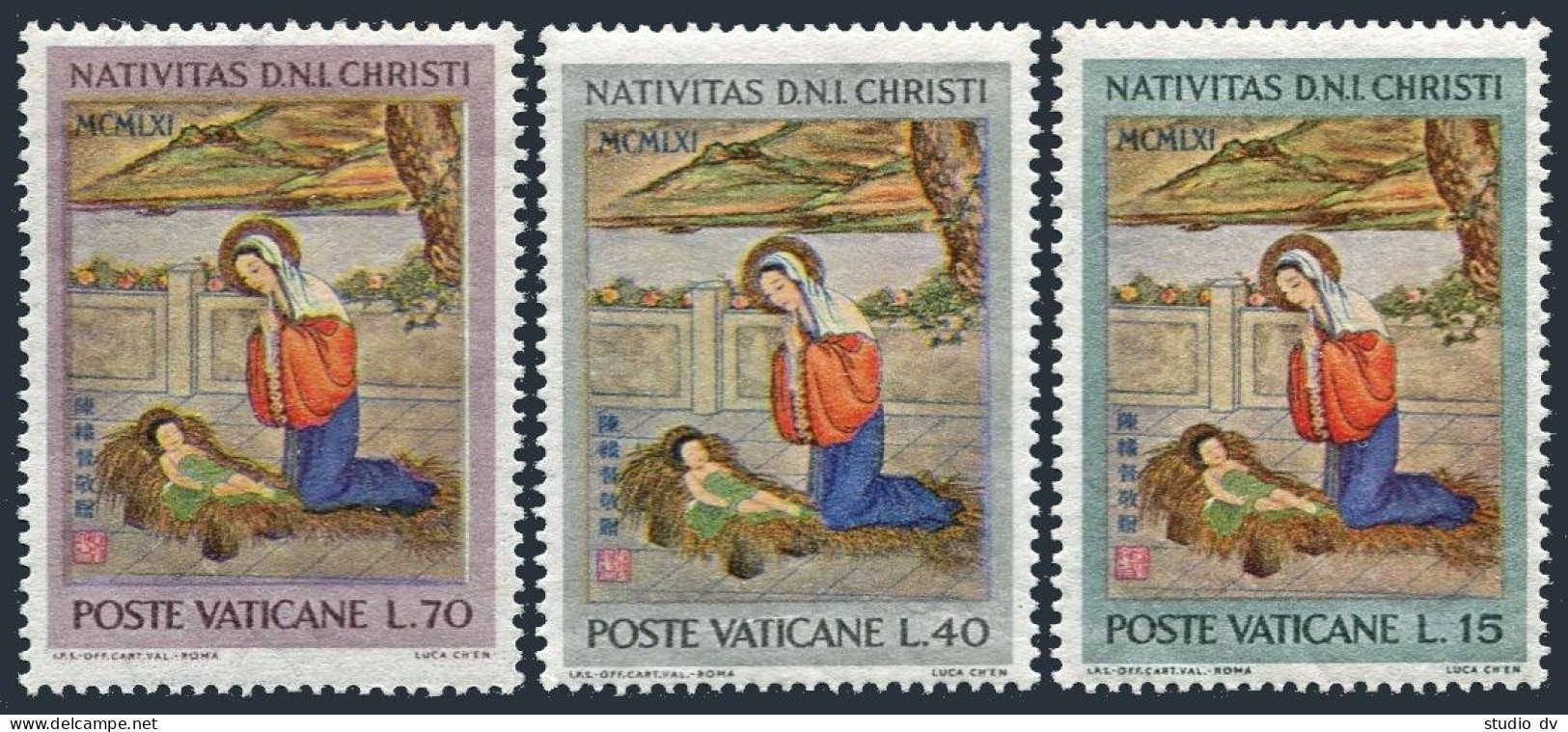 Vatican 323-325, Hinged. Michel 388-390. Christmas 1961. Adoration, By Lucas Chen. - Neufs