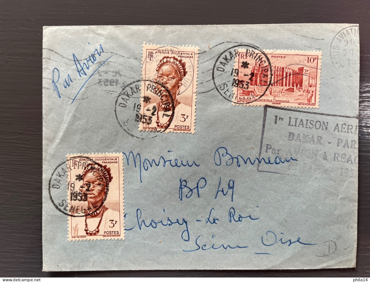 ENVELOPPE SENEGAL / DAKAR PRINCIPAL 1953 POUR CHOISY LE ROI / 1ERE LIAISON DAKAR PARIS PAR AVION A REACTION - Senegal (1960-...)