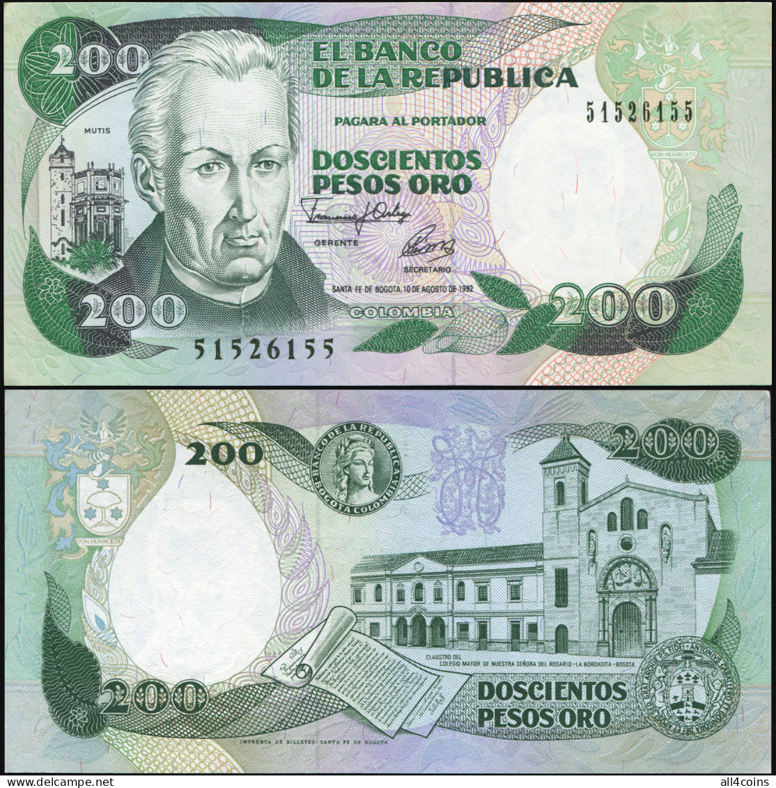 Colombia 200 Pesos Oro. 10.08.1992 Unc. Banknote Cat# P.429A - Kolumbien