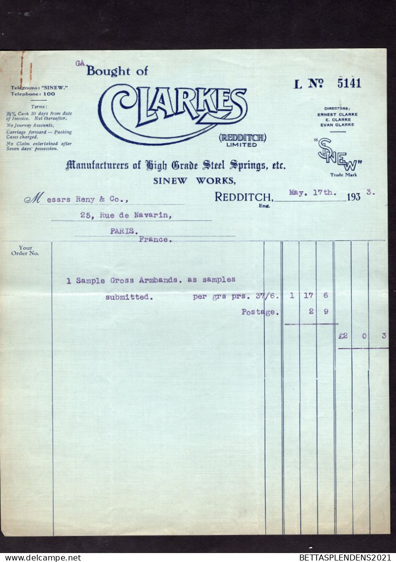 REDDITCH  - Facture 1933 - Bought Of CLARKES - Manufacturers Of High Grade Steel Springs Etc - Sinew Works - Royaume-Uni