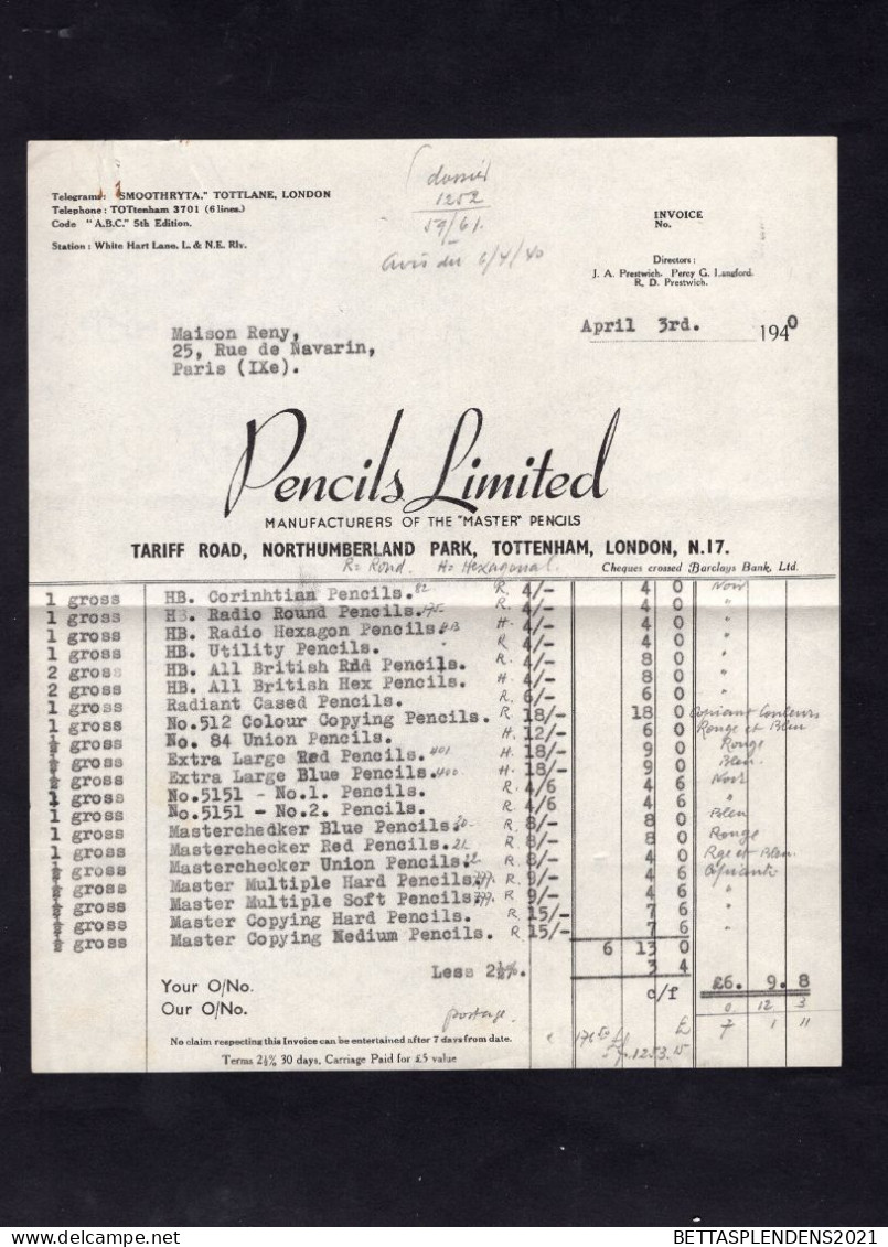 TOTTENHAM / LONDON - Facture 1940 - PENCILS LIMITED - Manufacturers Of The " MASTER " PENCILS - Ver. Königreich