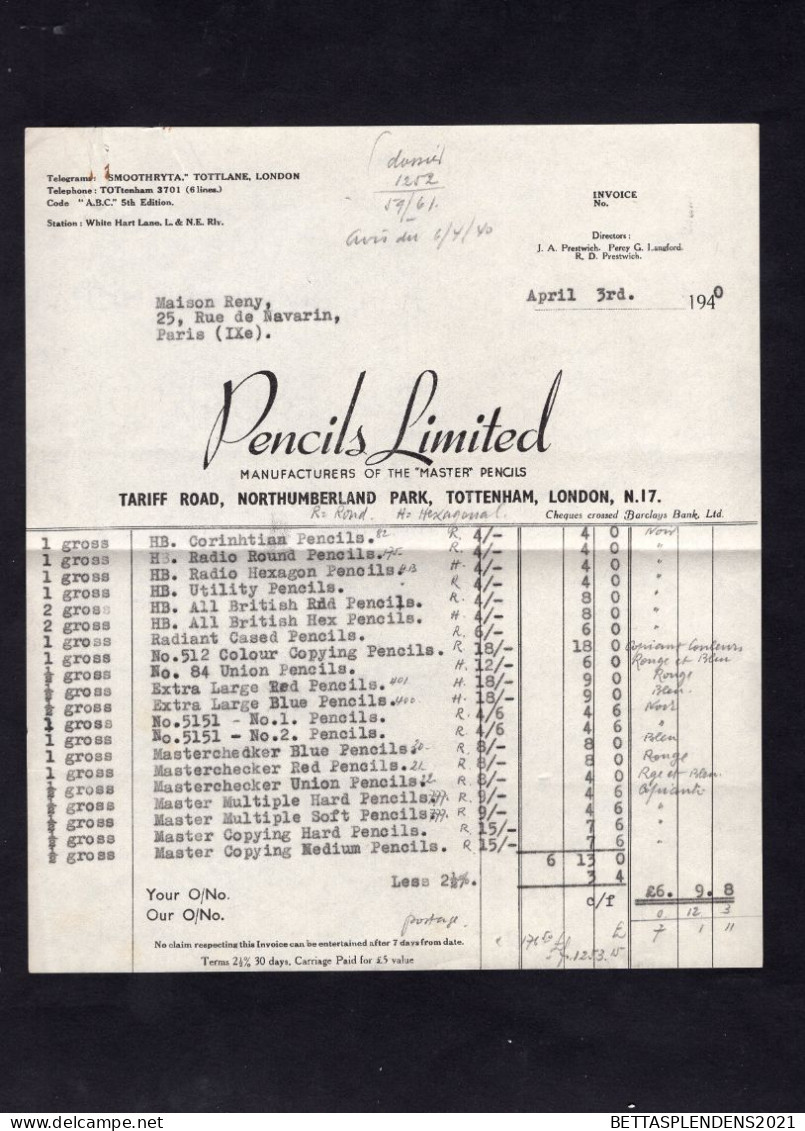 TOTTENHAM / LONDON - Facture 1940 - PENCILS LIMITED - Manufacturers Of The " MASTER " PENCILS - Regno Unito