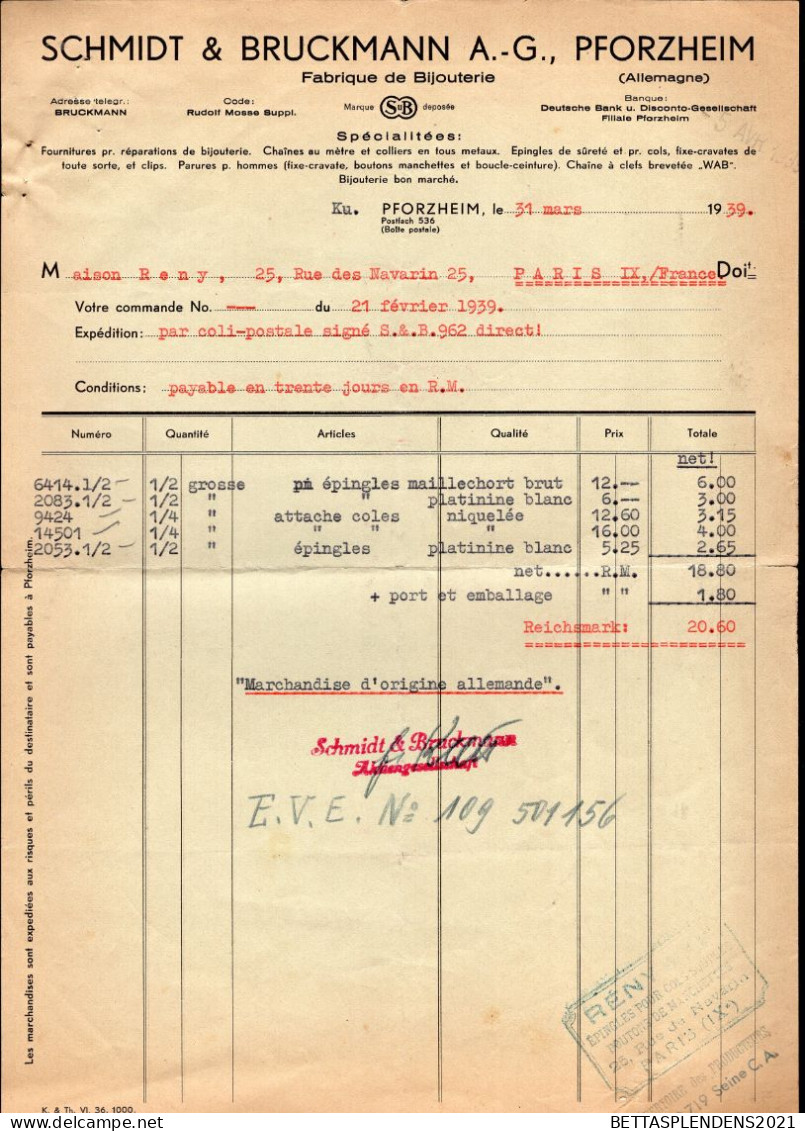 PFORZHEIM - Facture 1939 - SCHMIDT & BRUCKMANN A.-G. - Fabrique De Bijouterie - 1900 – 1949