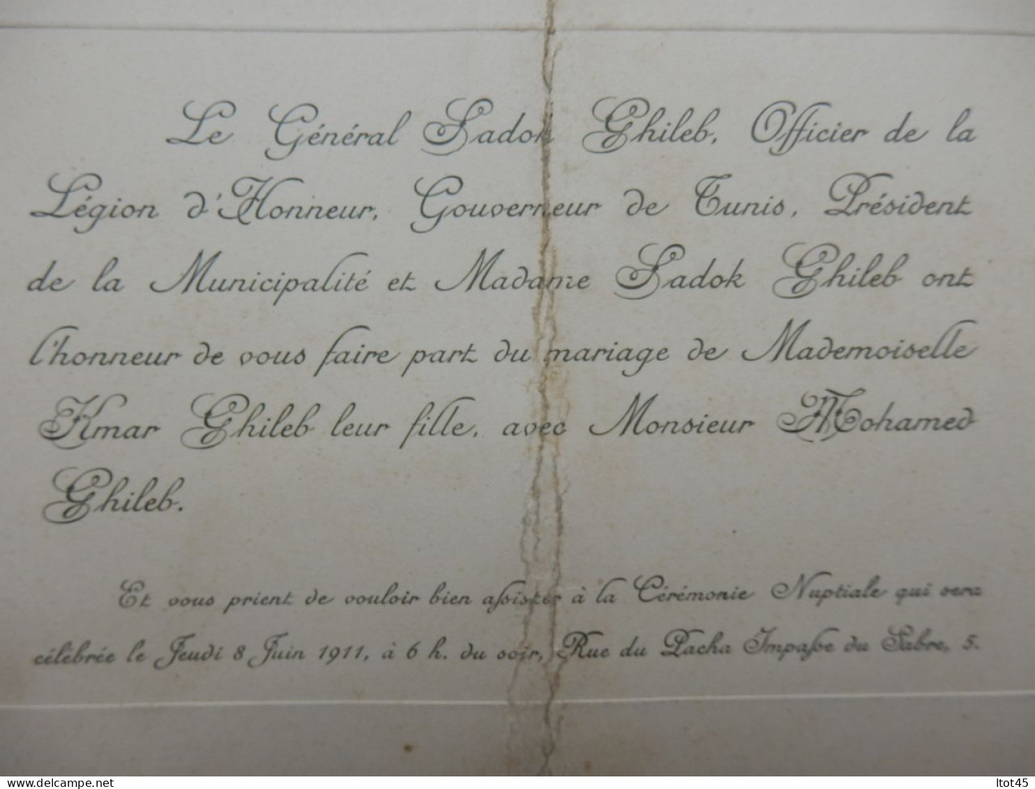 FAIRE-PART DU MARIAGE DE LA FILLE DU GENERAL SADOK GHILEB GOUVERNEUR DE TUNIS 1911 - Boda
