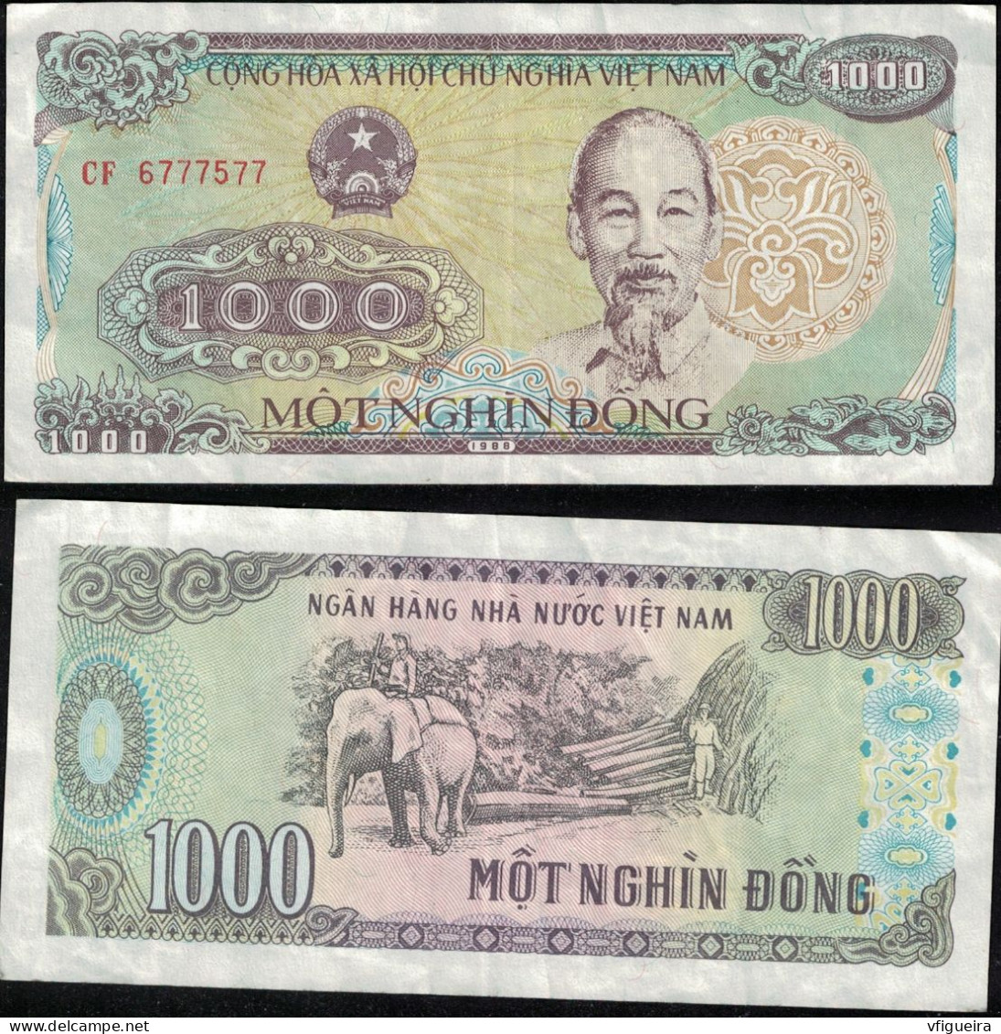 Vietnam 1988 Billet De Banque Banknote Bill 1000 Dong Ho Chi Minh Eléphant Transport Du Bois SU - Vietnam