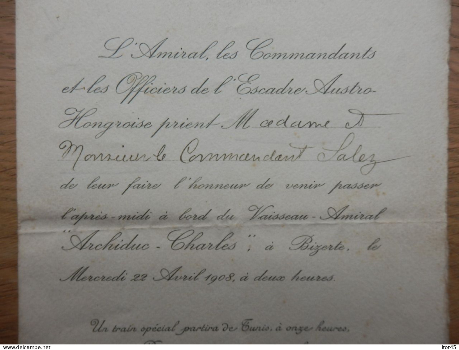 INVITATION A BORD DU VAISSEAU-AMIRAL ARCHIDUC-CHARLES BIZERTE 1908 - Bateaux