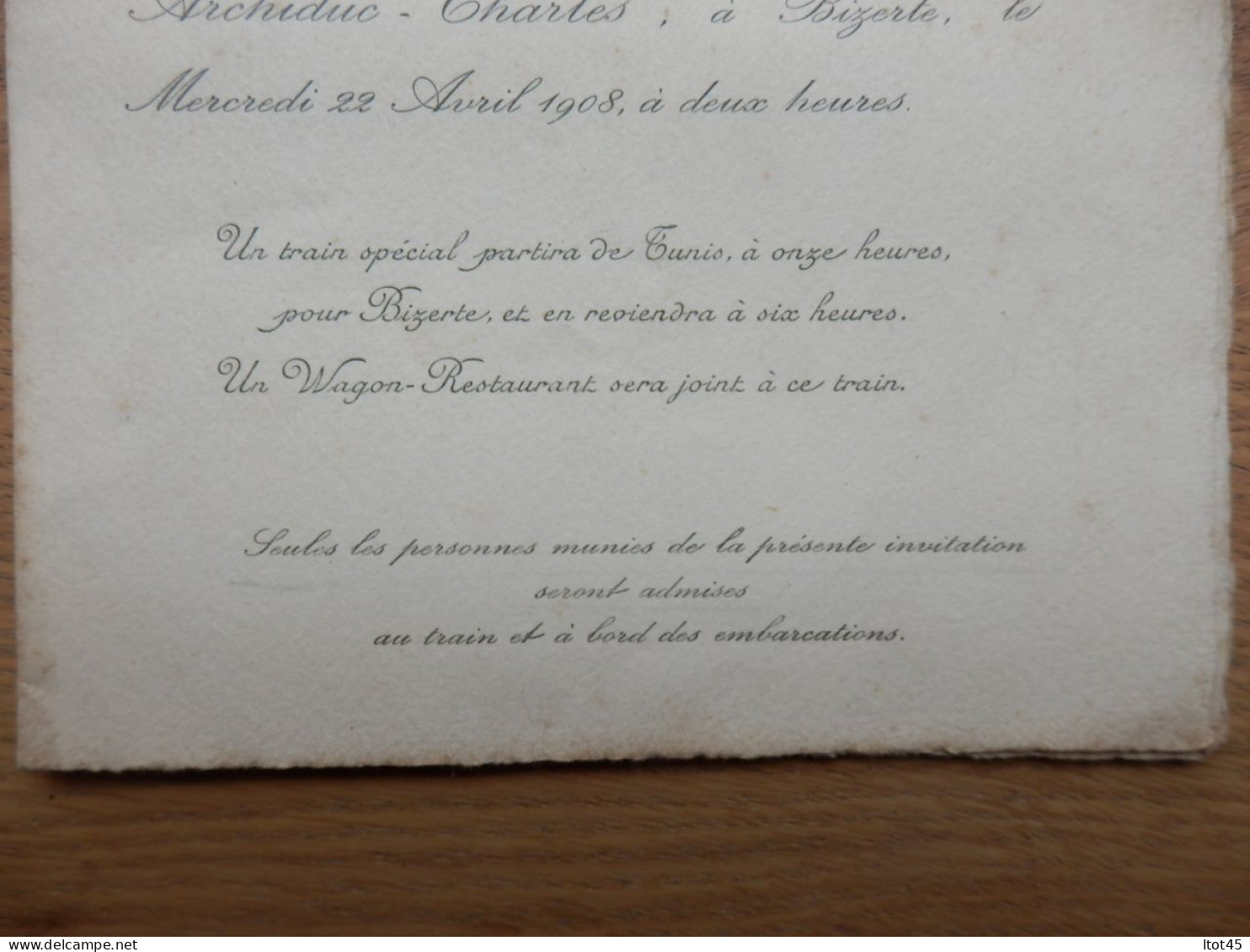 INVITATION A BORD DU VAISSEAU-AMIRAL ARCHIDUC-CHARLES BIZERTE 1908 - Boten