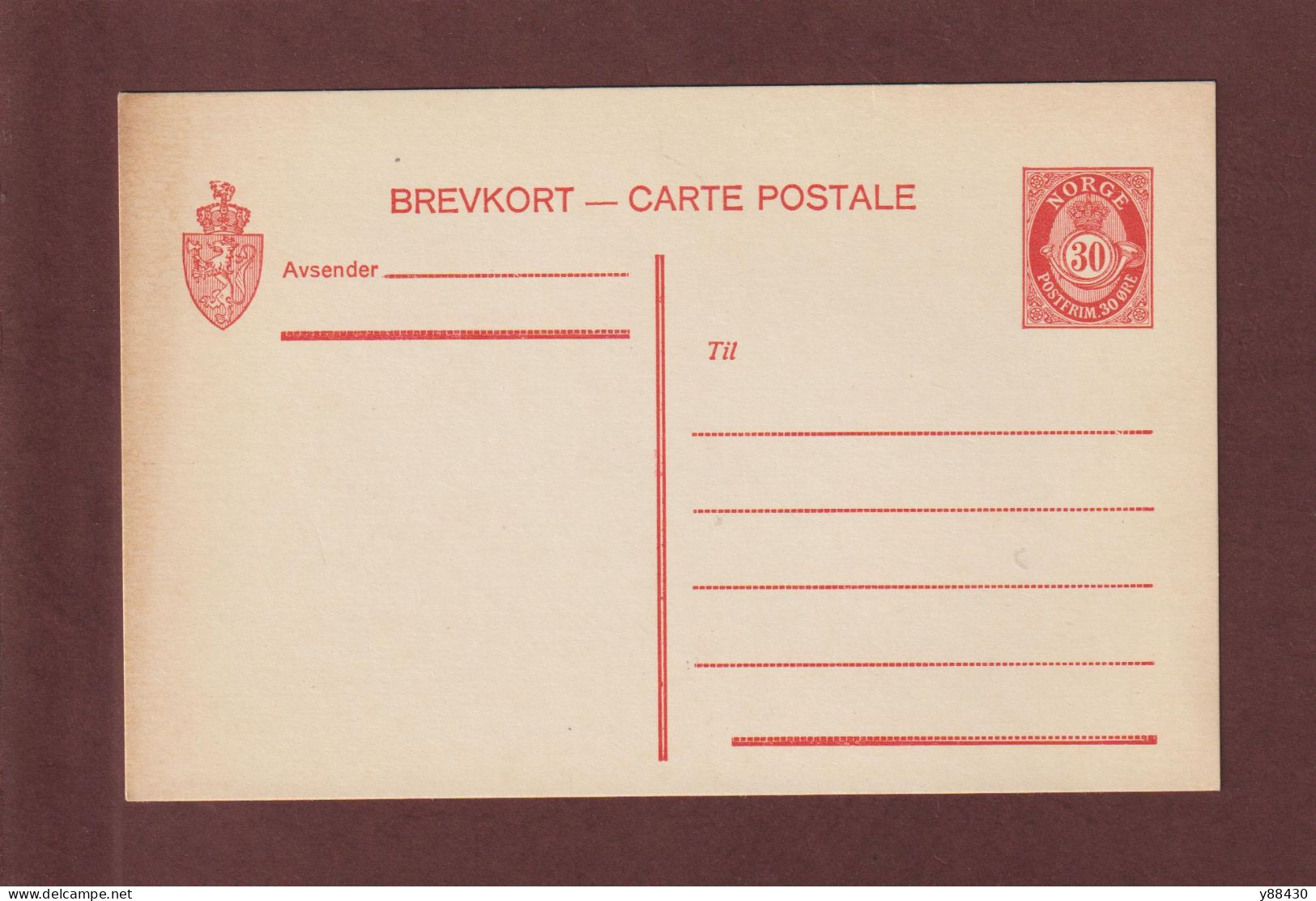 NORVÈGE - Entier Postal Neuf - 1910/1930 - Carte Postale - Cor - 30. Ø . Rouge  - 2 Scan - Entiers Postaux