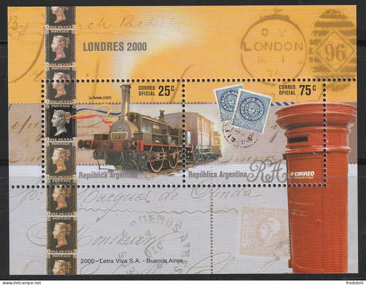 ARGENTINE - BLOC N°73 ** (2000) Trains : "Stamp Show 2000" - Blocks & Sheetlets