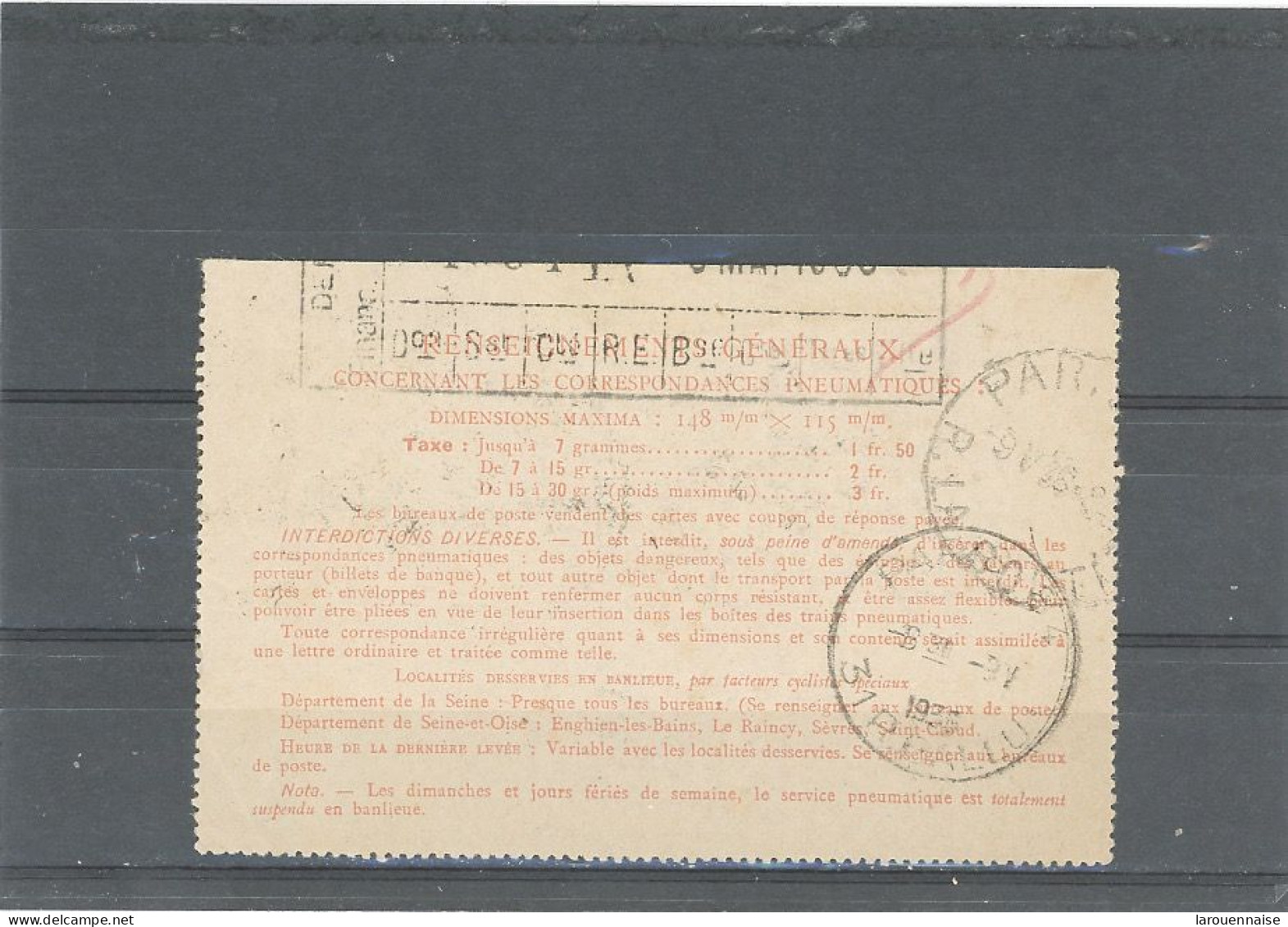 ENTIER -PNEUMATIQUE -TYPE CHAPLAIN -1,50 F ROUGE -N°2604 -CLPP-CàD .9-V-1936- DÉPART PARIS 118 /13R .D'AMSTERDAM - Neumáticos