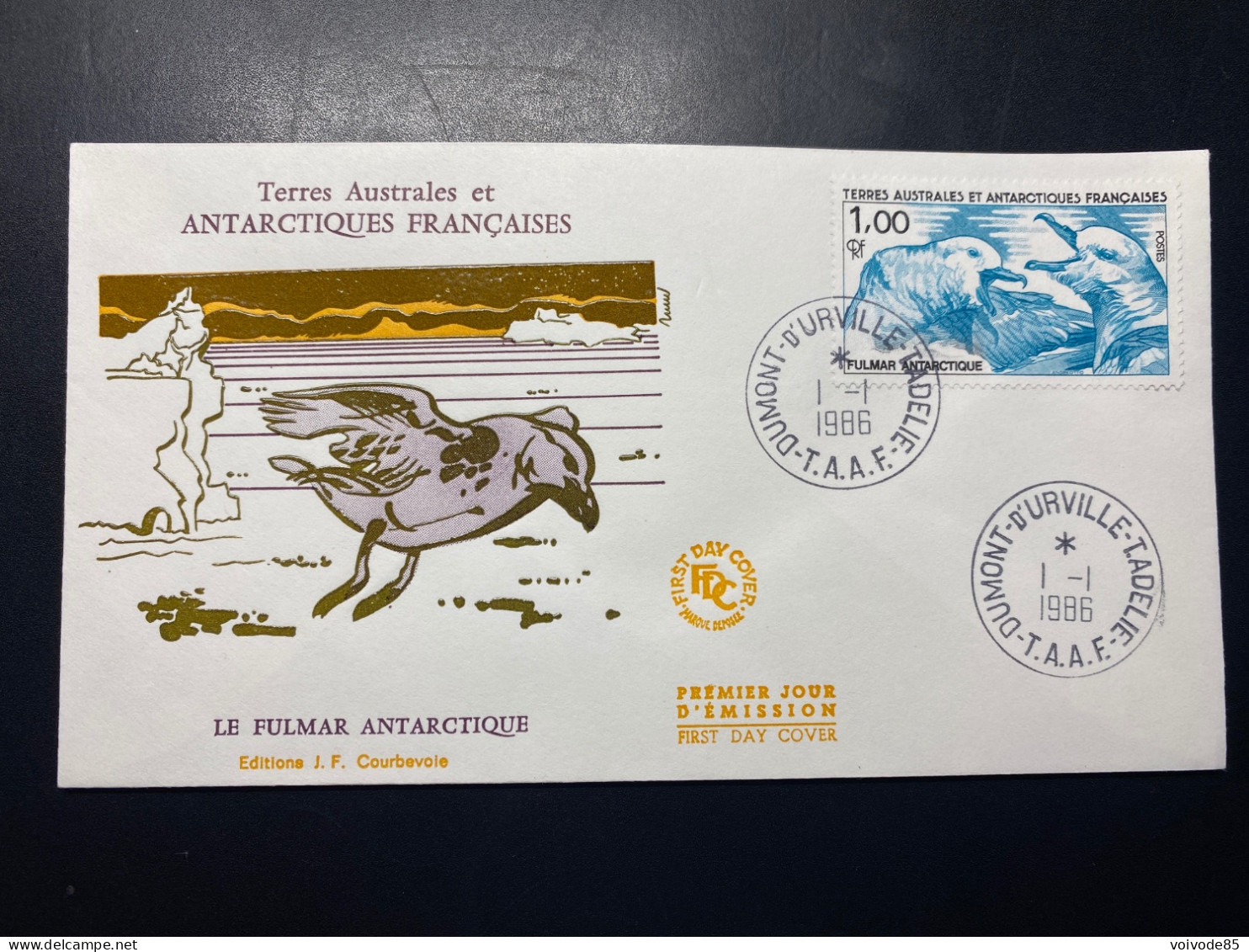 Enveloppe 1er Jour "Faune - Oiseaux - Le Fulmar Antarctique" - 01/01/1986 - 115 - TAAF - Terre Adélie - FDC
