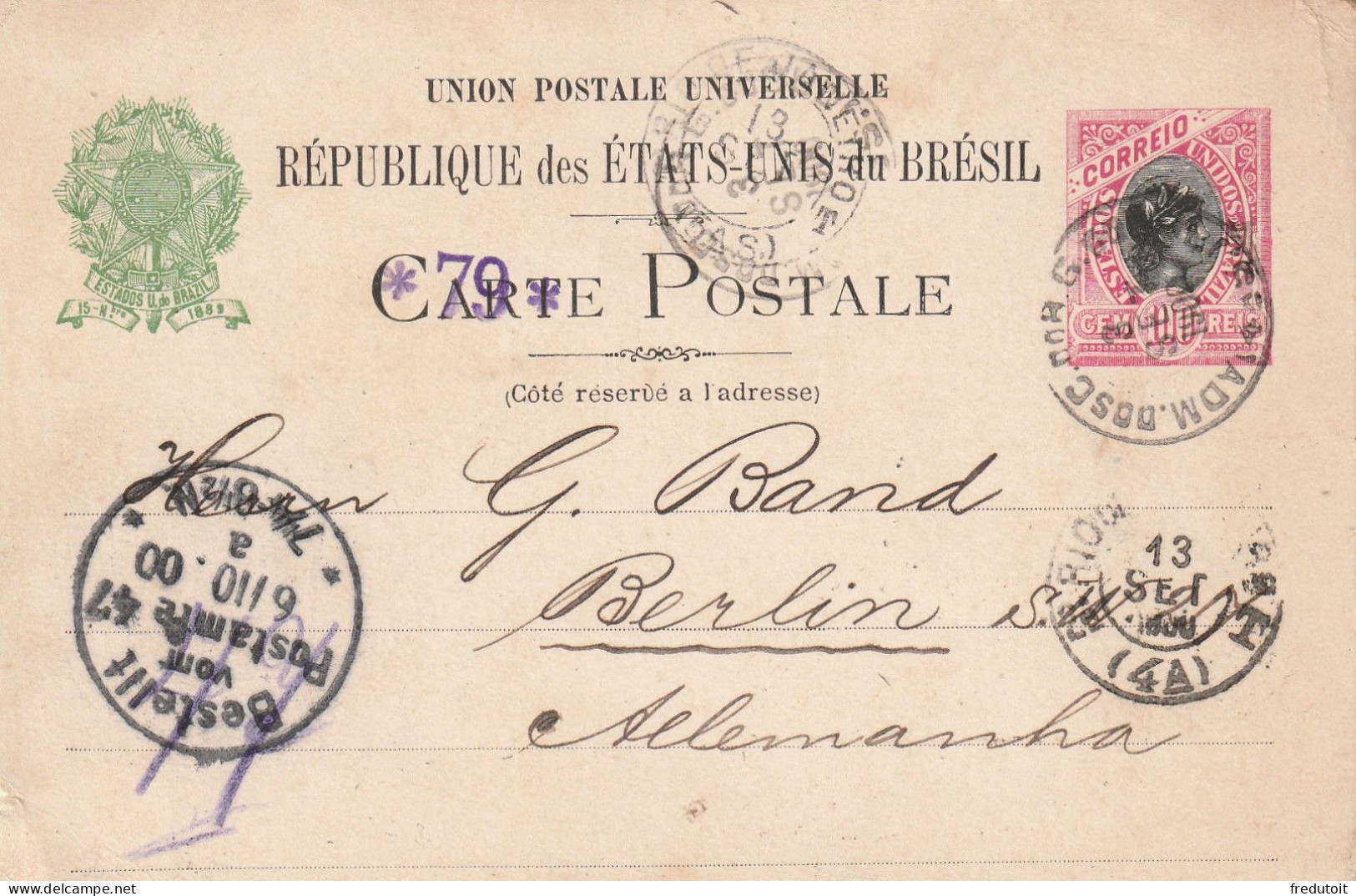 ENTIERS POSTAUX - BRESIL - Du 13/09/1900 Pour Berlin - Postwaardestukken