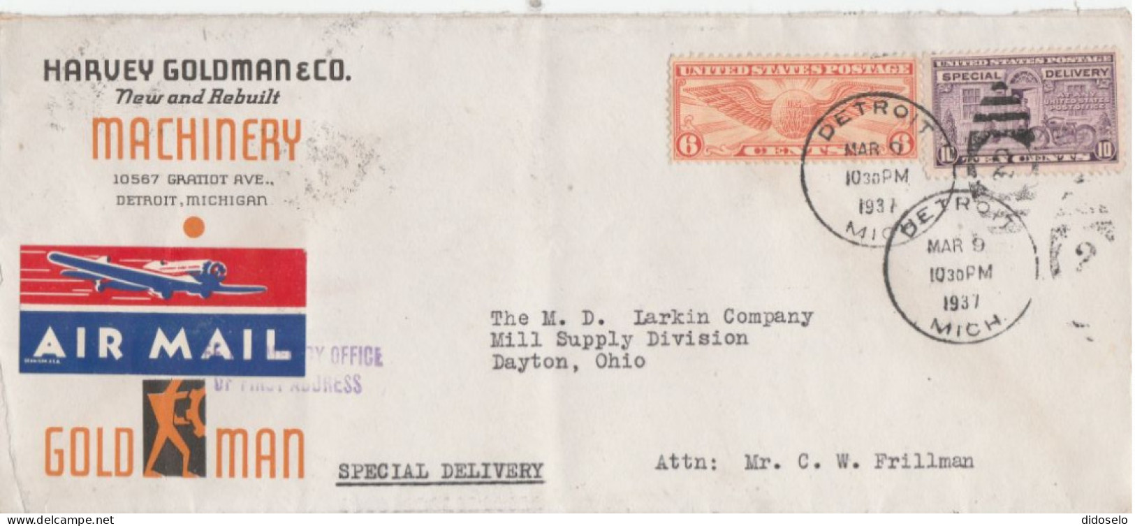 USA - 1937 - Air Mail Cover Detroit - Dayton / Well Canceled With Air Mail Label / Special Delivery - 1c. 1918-1940 Brieven