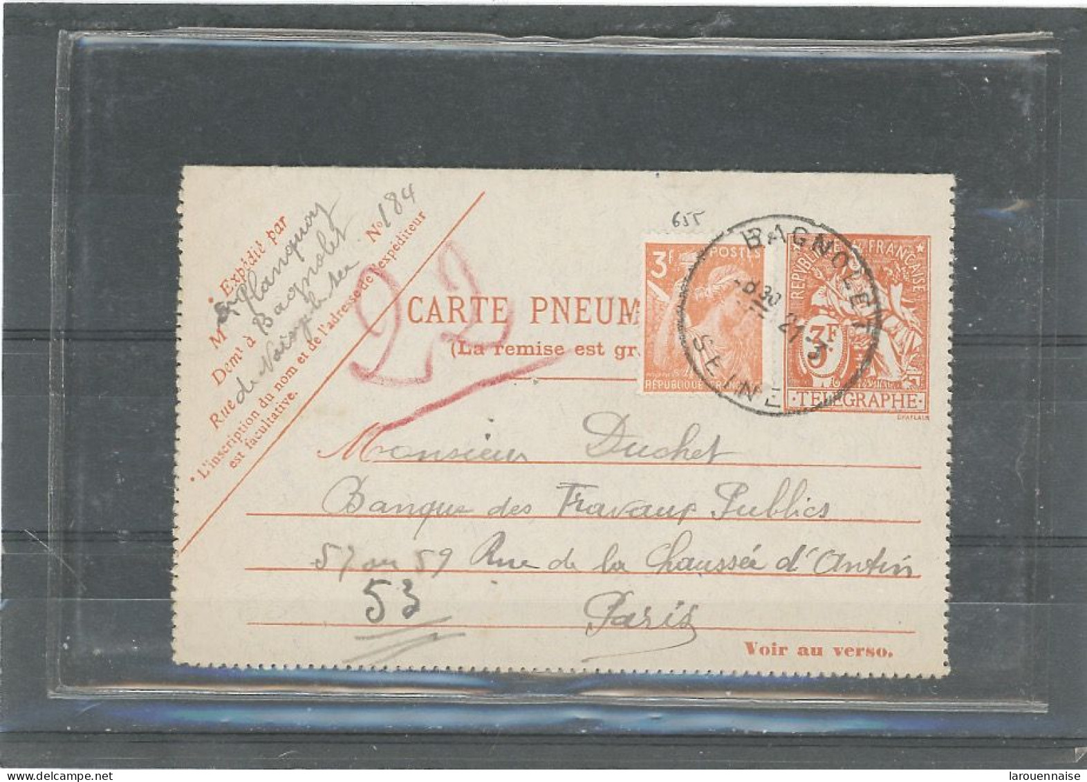 ENTIER -PNEUMATIQUE  1944-TYPE CHAPLAIN -N°2607 CLPP +IRIS (655) 3f ORANGE EN COMPLÉMENT -NOUVEAU TARIF1945 CàD20-3-45 - Pneumatiques