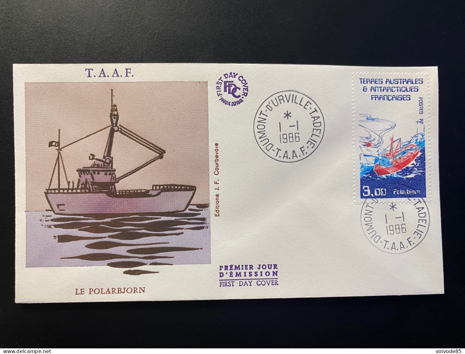 Enveloppe 1er Jour "Navires De Liaison : Le Polarbjorn" - 01/01/1986 - 121 - TAAF - Terre Adélie - Bateaux - FDC