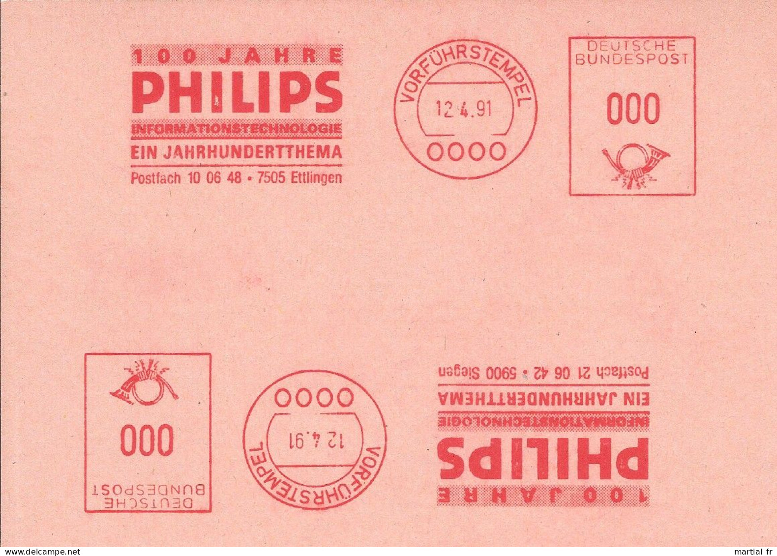 EMA ALLEMAGNE DEUTSCHLAND SPECIMEN 100 ANS PHILIPS TECHNOLOGIE TECHNOLOGY INFORMATION 7505 Ettlingen 5900 Siegen - Physique