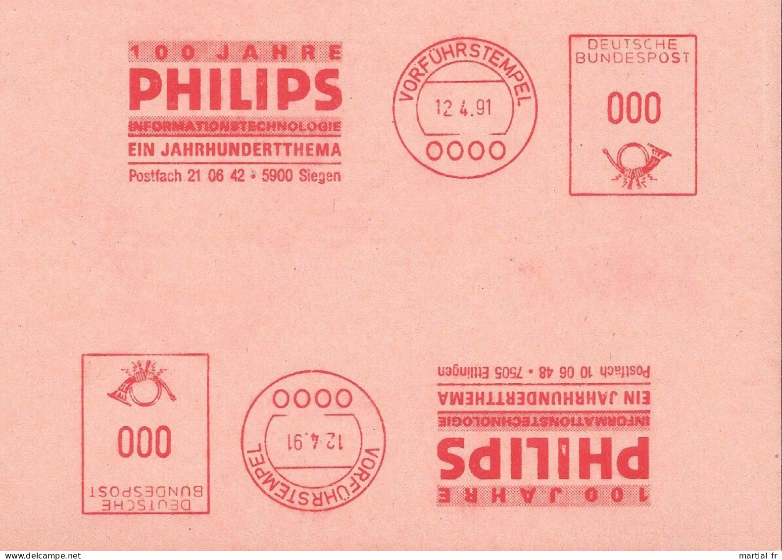 EMA ALLEMAGNE DEUTSCHLAND SPECIMEN 100 ANS PHILIPS TECHNOLOGIE TECHNOLOGY INFORMATION 7505 Ettlingen 5900 Siegen - Fisica