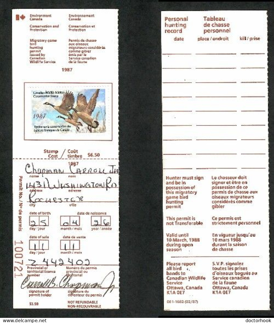 CANADA   1987 DUCK HUNTING LICENSE W/STAMP  (CONDITION AS PER SCAN) (LG-1720) - Vignettes Locales Et Privées