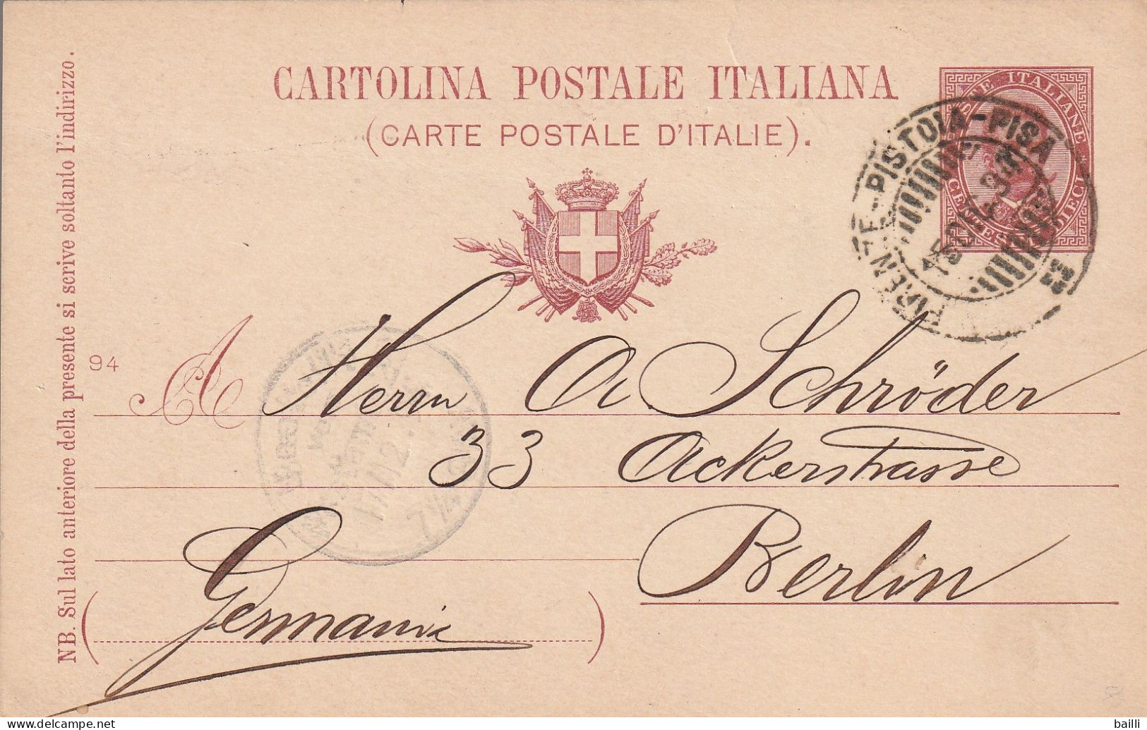Italie Cachet Ambulant Firenze - Pistolia - Pisa Sur Entier Postal Pour L'Allemagne 1894 - Stamped Stationery
