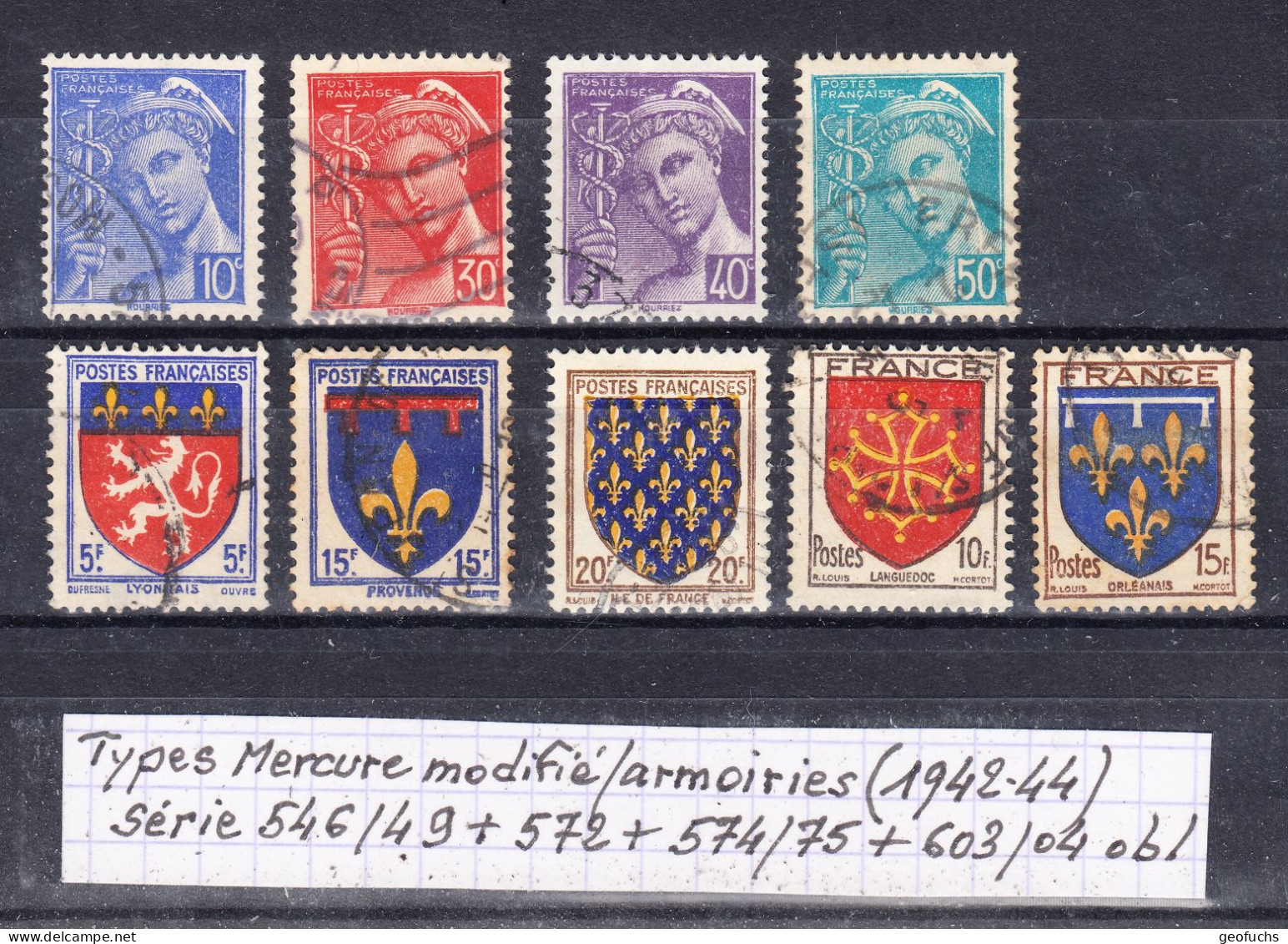 France Type Mercure Modifié + Armoiries (1942-44) Y/T Série 546/49  + 572 + 574/75 + 603/04 Oblitérés - 1938-42 Mercurio