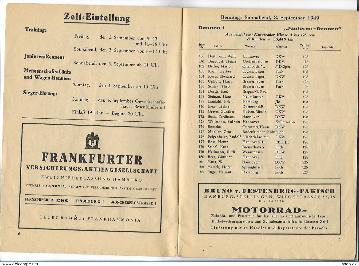 C4786/ Hamburg Stadtparkrennen Motorrad - Meisterschaft 1949 Rennprogramm Heft - Moto