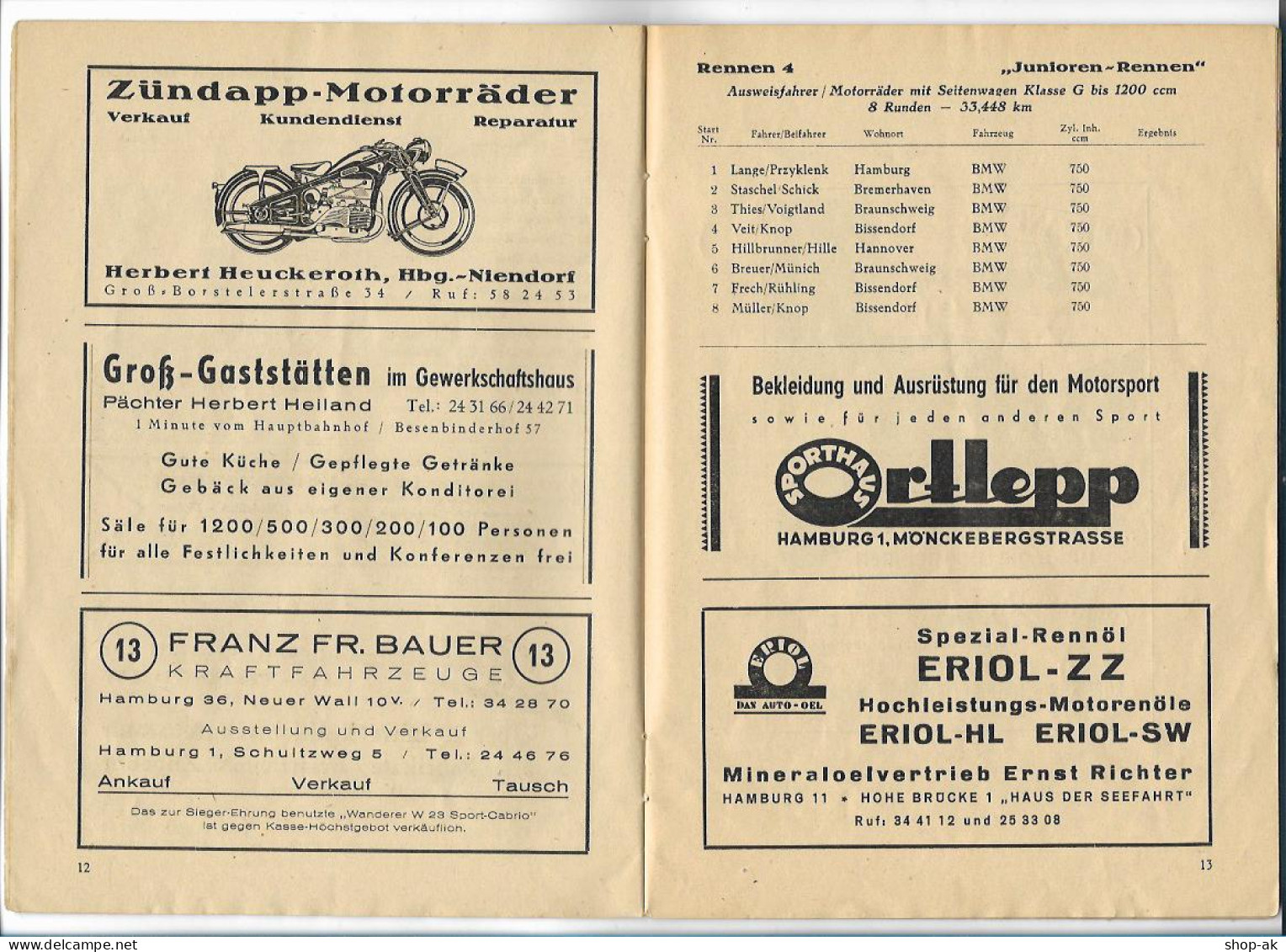 C4786/ Hamburg Stadtparkrennen Motorrad - Meisterschaft 1949 Rennprogramm Heft - Motos