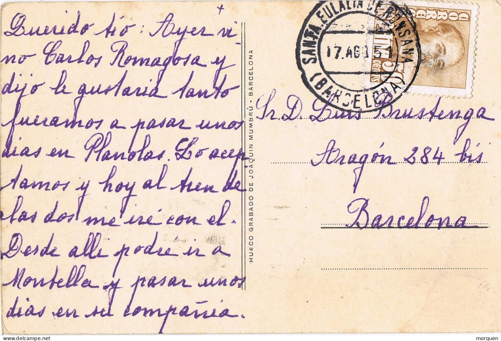 54392. Postal SANTA EULALIA De RONSANA (Barcelona) 1951. Vista De Gerona Y Rio Onyar - Storia Postale
