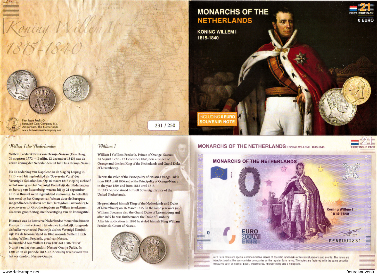 0-Euro PEAS 2020-3 MONARCHS OF THE NETHERLANDS WILLEM I 1815-1840 First Issue Pack No. Nur Bis #250 ! - Essais Privés / Non-officiels