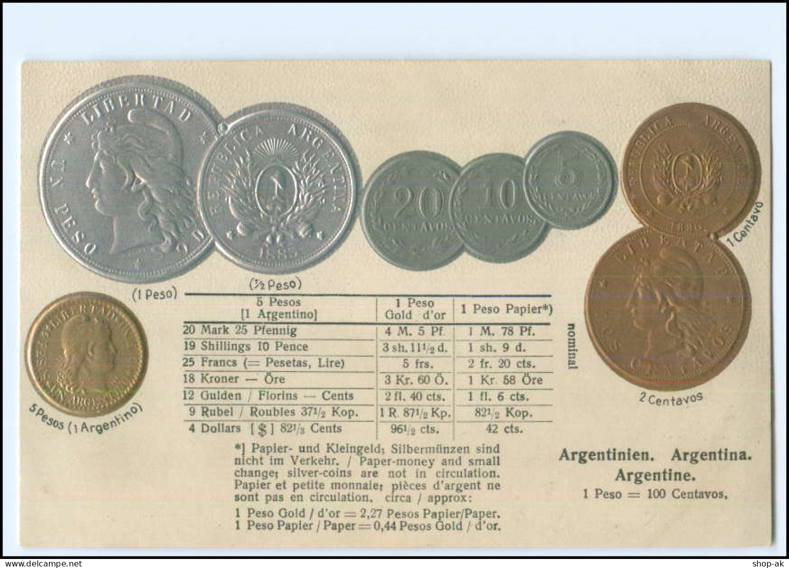 XX16144/ Münzen Geld AK Argentinien  AK  Prägedruck Ca.1925 - Monnaies (représentations)