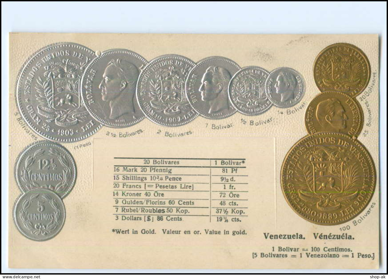 XX16138/ Münzen Geld AK   Venezuela Prägedruck Ca.1925 - Monnaies (représentations)