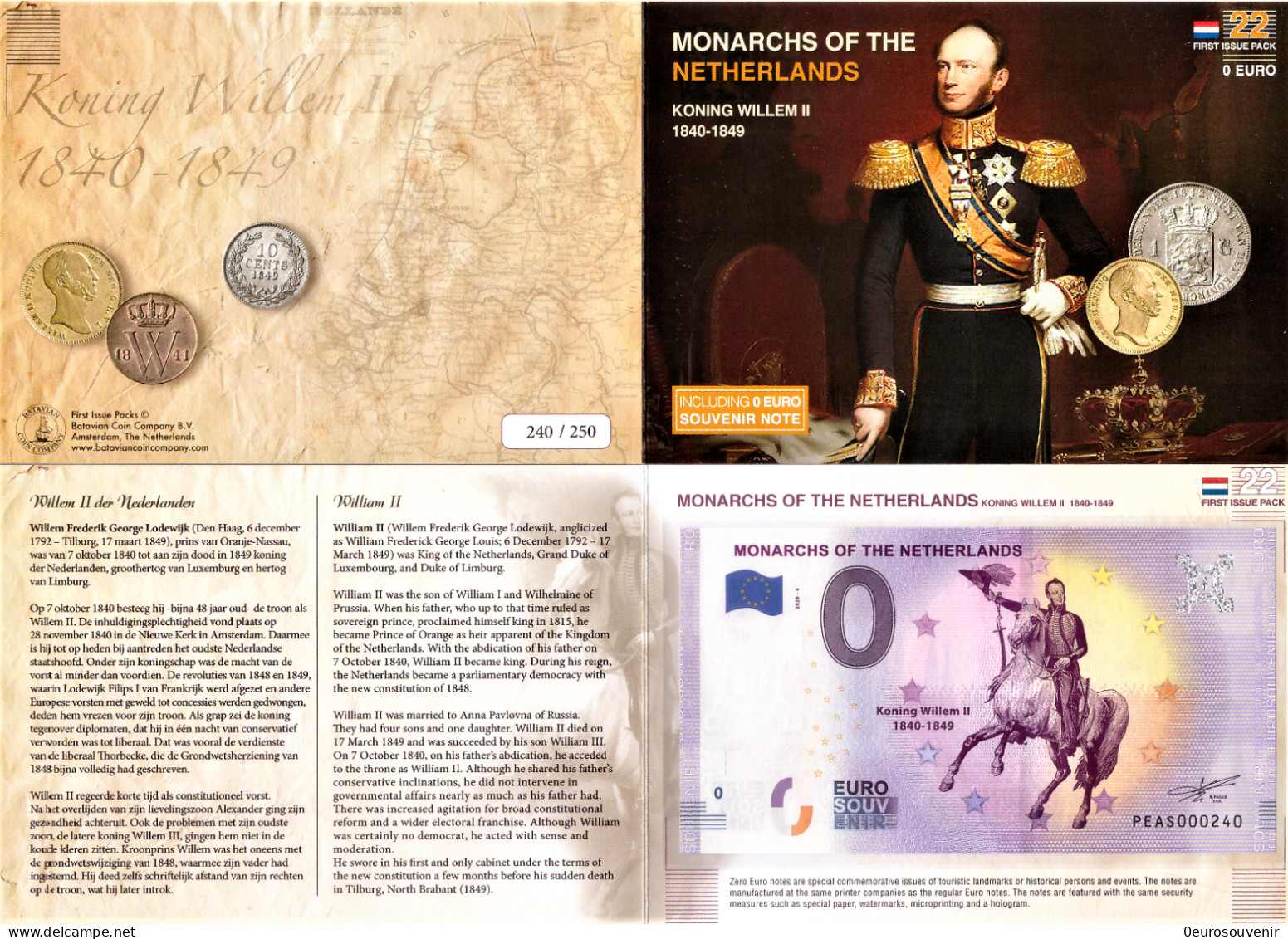 0-Euro PEAS 2020-4 MONARCHS OF THE NETHERLANDS WILLEM II 1840-1849 First Issue Pack No. Nur Bis #250 ! - Privatentwürfe