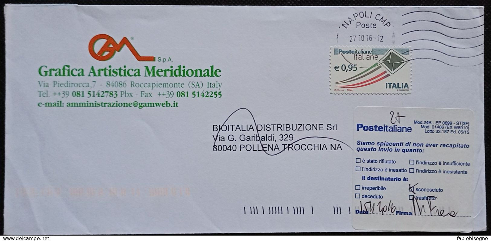 Napoli 27.10.2016  Busta E.0,95 + Mond. 24B - 2011-20: Poststempel