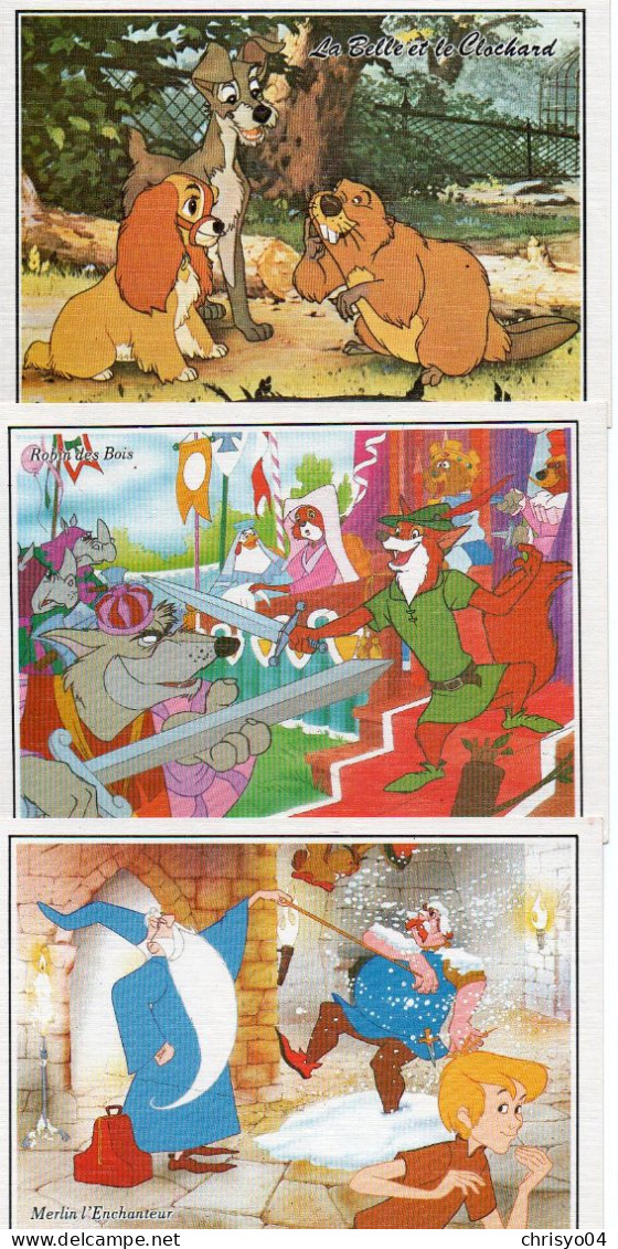 4V3x   Lot De 3 CP En TBE Disney La Belle Et Le Clochard, Robin Des Bois, Merlin L'enchanteur - Autres & Non Classés