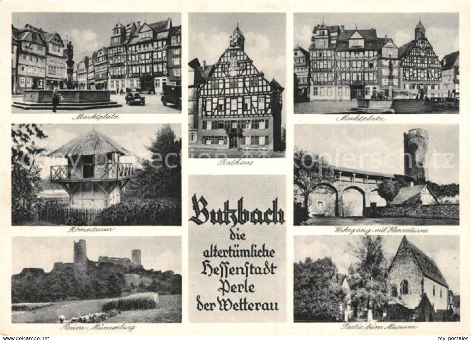 73561462 Butzbach Marktplatz Rathaus Fachwerkhaus Roemerturm Burgruine Muenzenbu - Butzbach