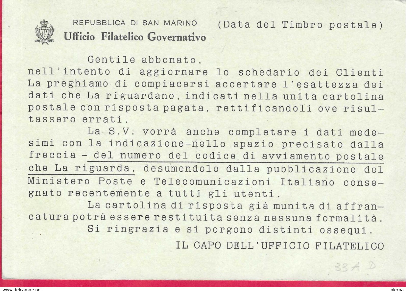 SAN MARINO - INTERO CARTOLINA POSTALE PALAZZO CONSIGLIARE LIRE 30 NUMERATA DOMANDA(INT. 32A) - VIAGGIATA*20.7.67* - Postal Stationery