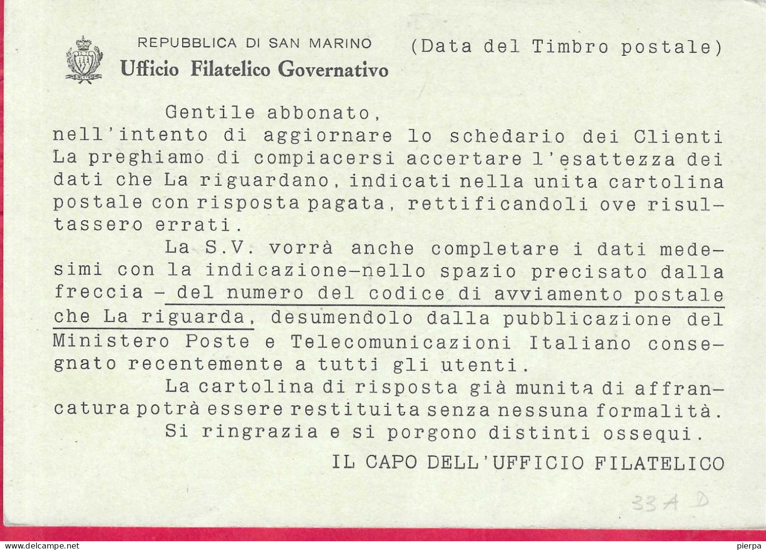 SAN MARINO - INTERO CARTOLINA POSTALE PALAZZO CONSIGLIARE LIRE 30 NUMERATA DOMANDA(INT. 32A) - VIAGGIATA*20.7.67* - Postwaardestukken