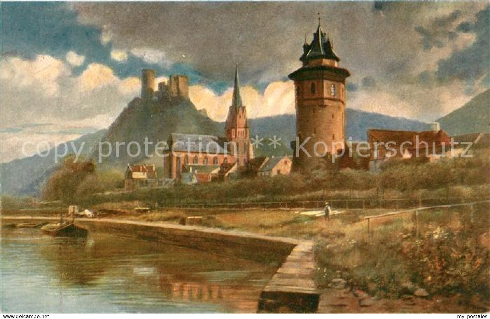 73560916 Oberwesel Rhein Partie Am Fluss Blick Zur Burg Schoenburg Kuenstlerkart - Oberwesel