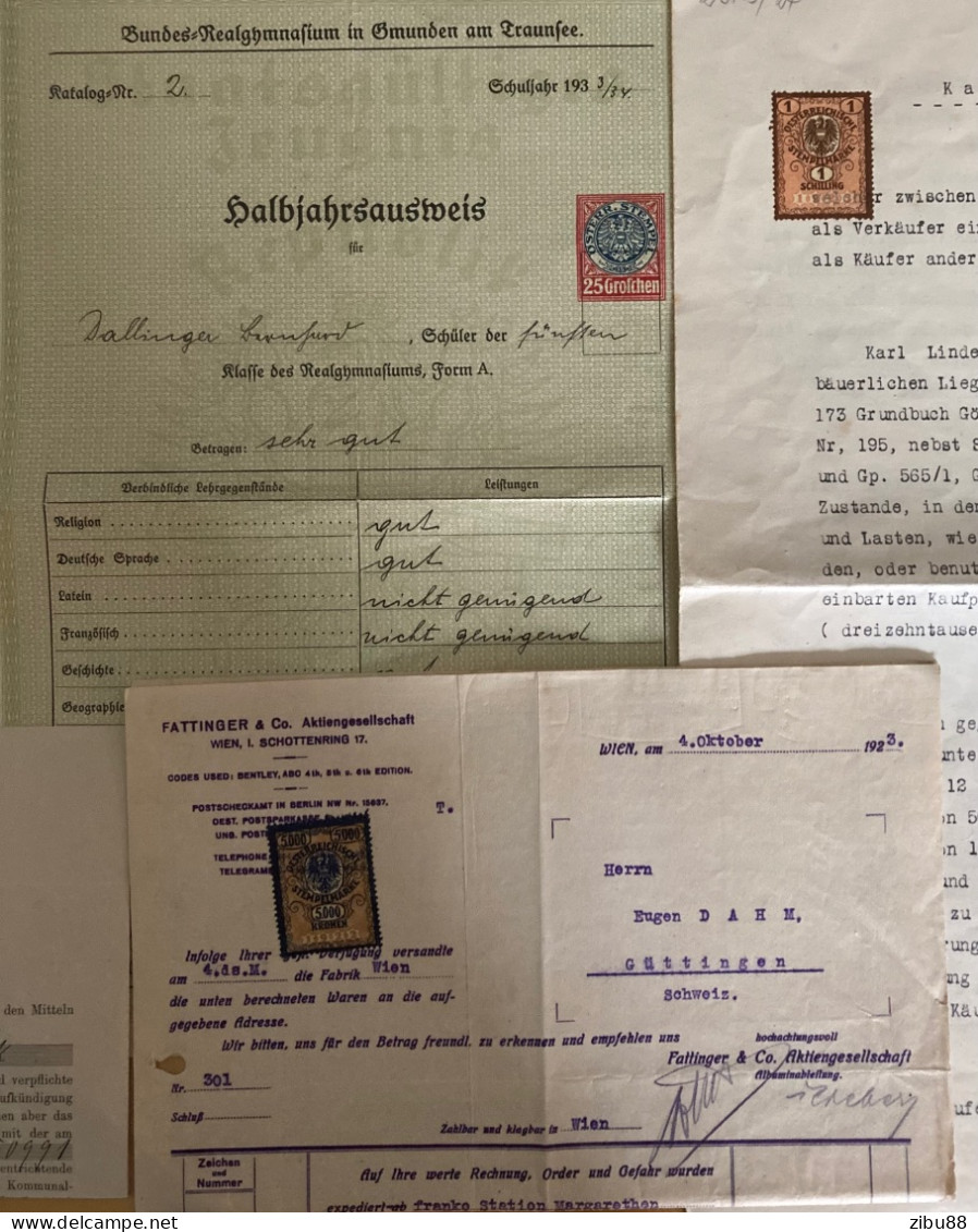5 Dokumente (Ganzsachen) Mit Stempelmarken Österreich / Revenue Stamps Austria (Schuldschein, Geburtsurkunde, Vertrag) - Fiscaux
