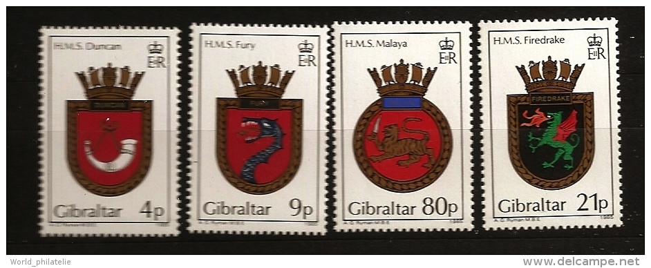 Gibraltar 1985 N° 501 / 4 ** Armoiries, Bateaux, Royal Navy, Blason, Duncan, Fury, Fire Drake, Malaya, Dragon, Lion, Cor - Gibraltar