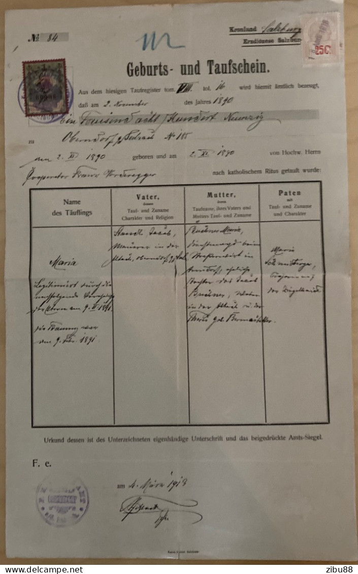 Geburts- Und Taufschein 1890 Mit Schweizer Und Österreichischer Stempelmarke / Revenue Stamp Switzerland - Revenue Stamps