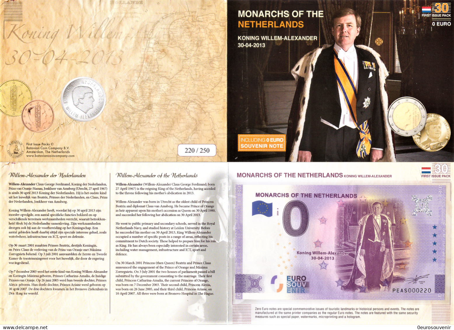0-Euro PEAS 2020-9 MONARCHS OF THE NETHERLANDS WILLEM-ALEXANDER 30-04-2013 First Issue Pack No. Nur Bis #250 ! - Privatentwürfe